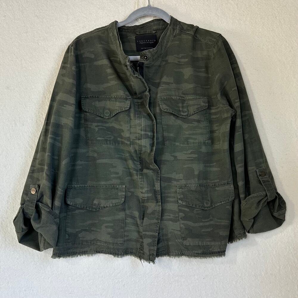Sanctuary Women's Size XL Utility Jacket in Cammo Roll Tab Zip Fringe Grunge